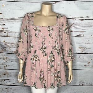 Torrid Size 4 Pink Floral Print Square Neckline Smock Elastic Peasant Blouse Top